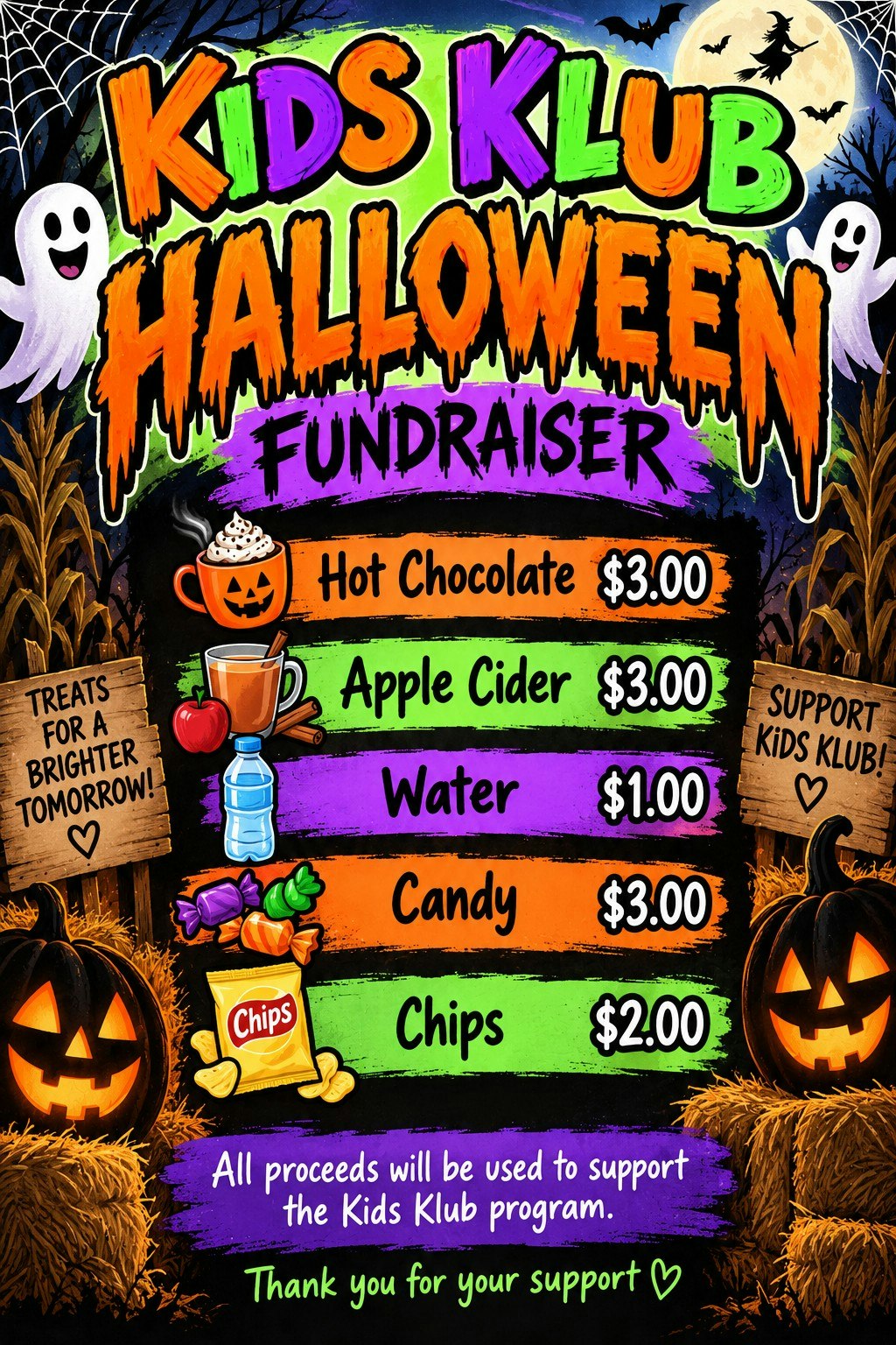 Kids Klub Halloween fundraiser selling hot chocolate, apple cider, water, candy, and chips. Prices range from $1 to $3.
