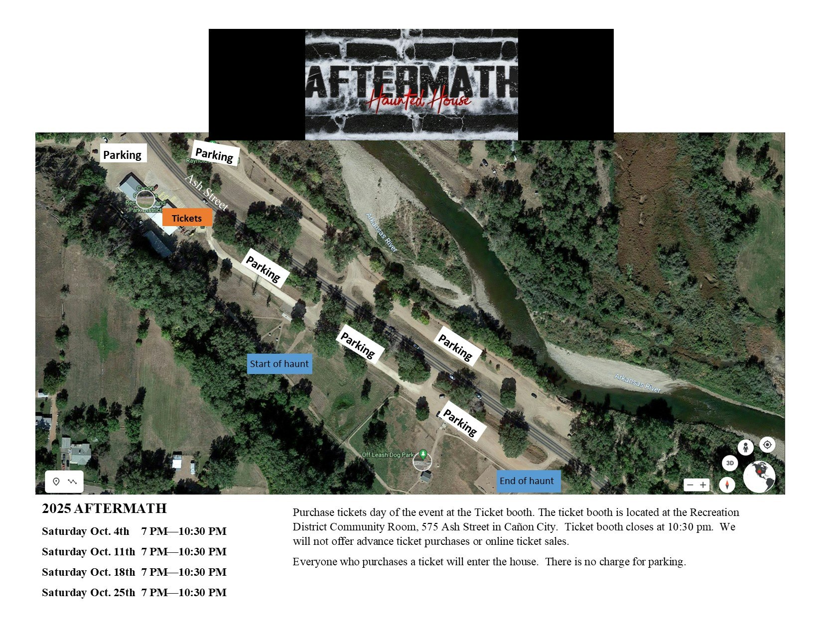 Map for "Aftermath Haunted House"; parking, ticket booth, haunt path; open October Saturdays 7-10:30 PM; tickets on event day only.