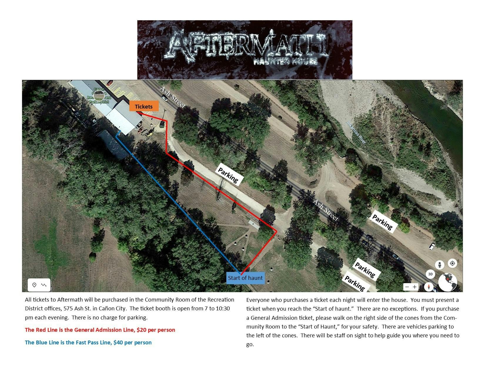 Map showing the ticket booth, entrance points and parking for the Aftermath event