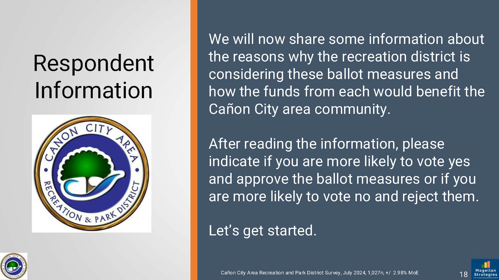 Slide providing info about recreation district ballot measures and asking for voting inclination based on benefits to the Cañon City community.