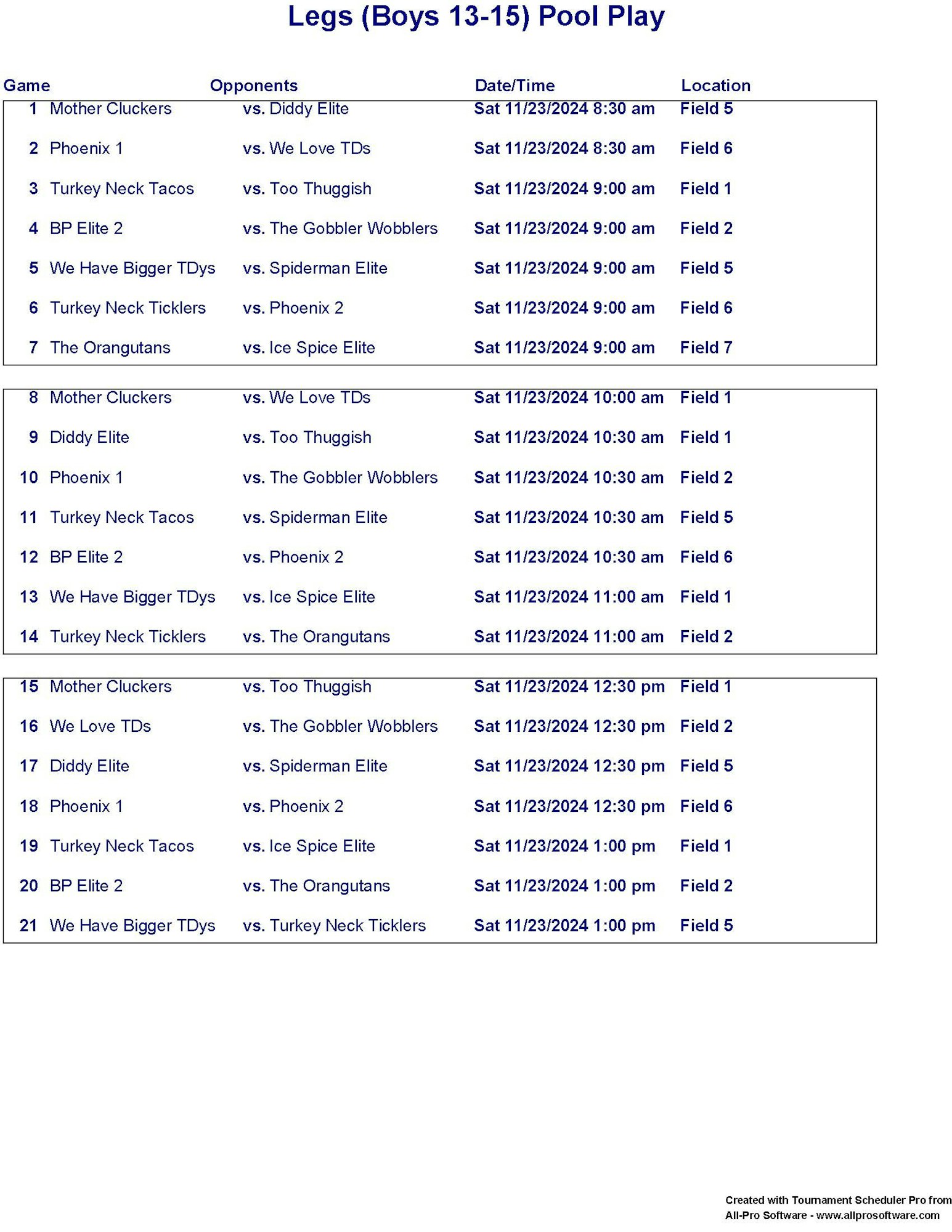 A schedule listing games, opponents, date/time, and locations for a boys' sports event.