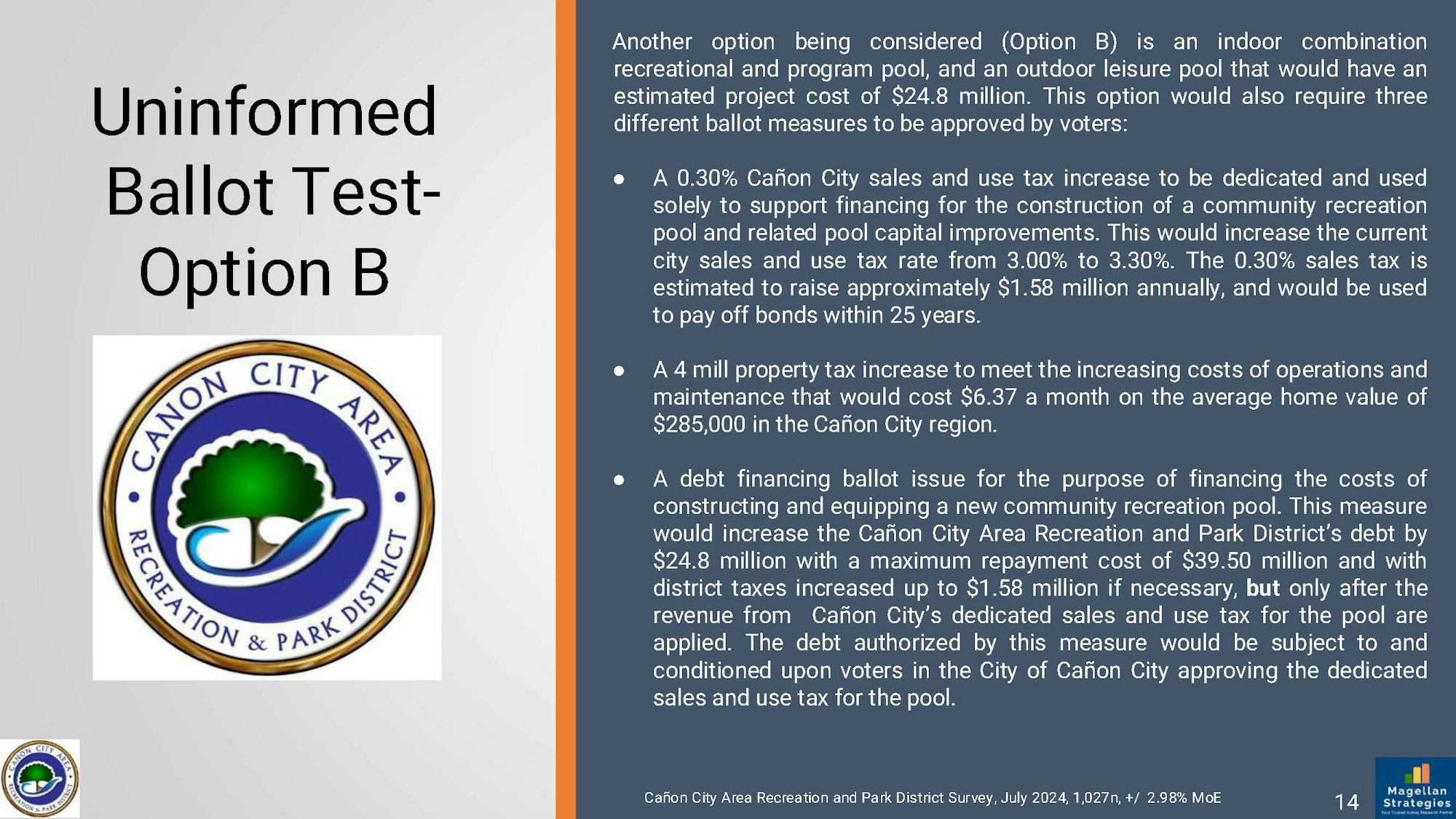 A slide showing "Uninformed Ballot Test-Option B" for Cañon City Area Recreation and Park District, detailing tax proposals for funding a recreation pool.
