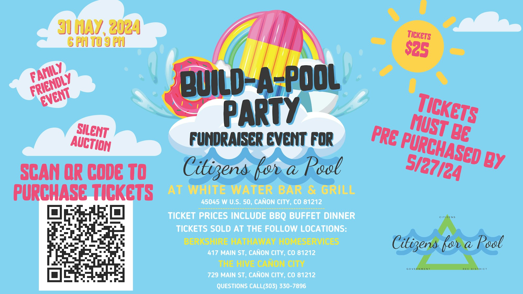 An event flyer for a pool fundraiser party on May 31, 2024, with ticket info, QR code, and contact details.