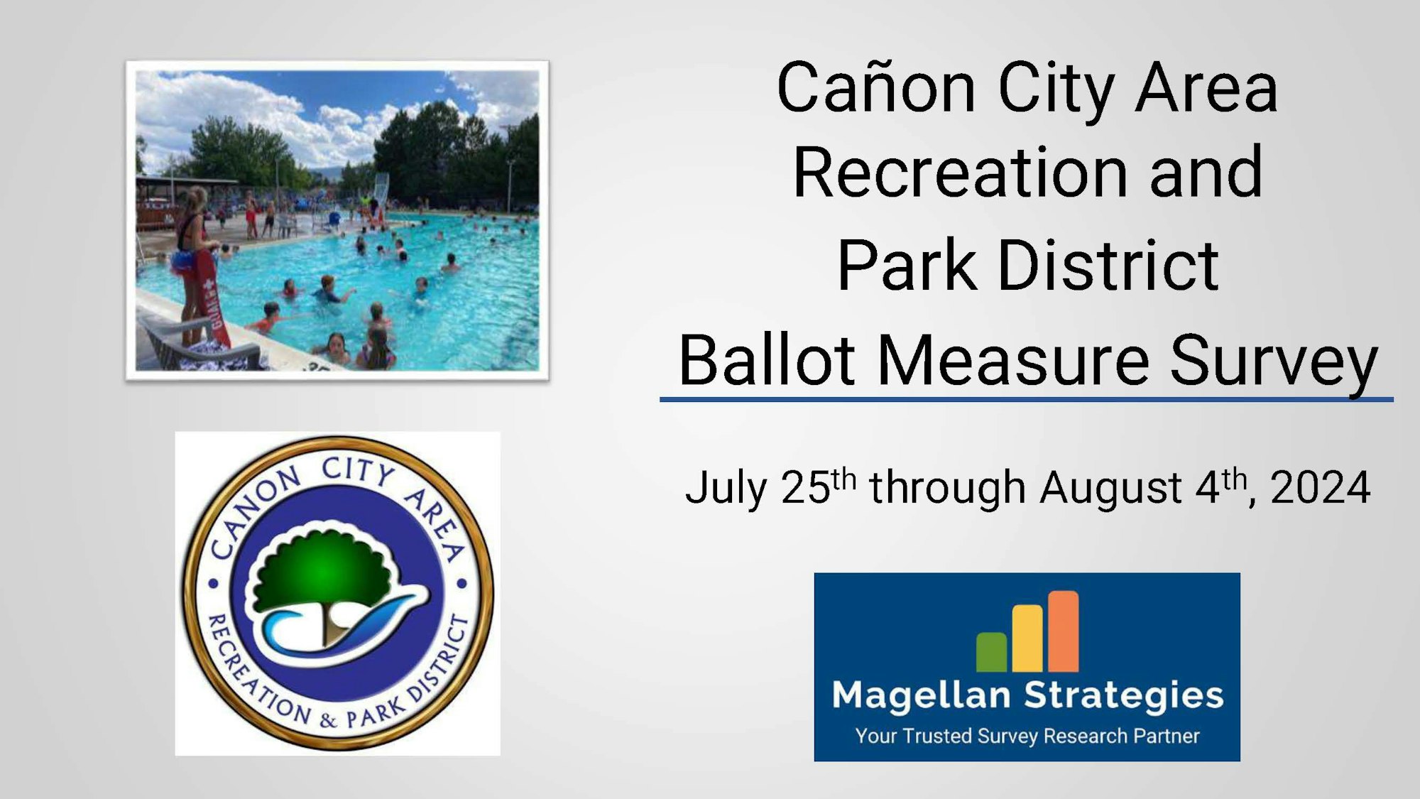 Public pool scene; info about Cañon City Area Recreation and Park District survey from July 25 to August 4, 2024.