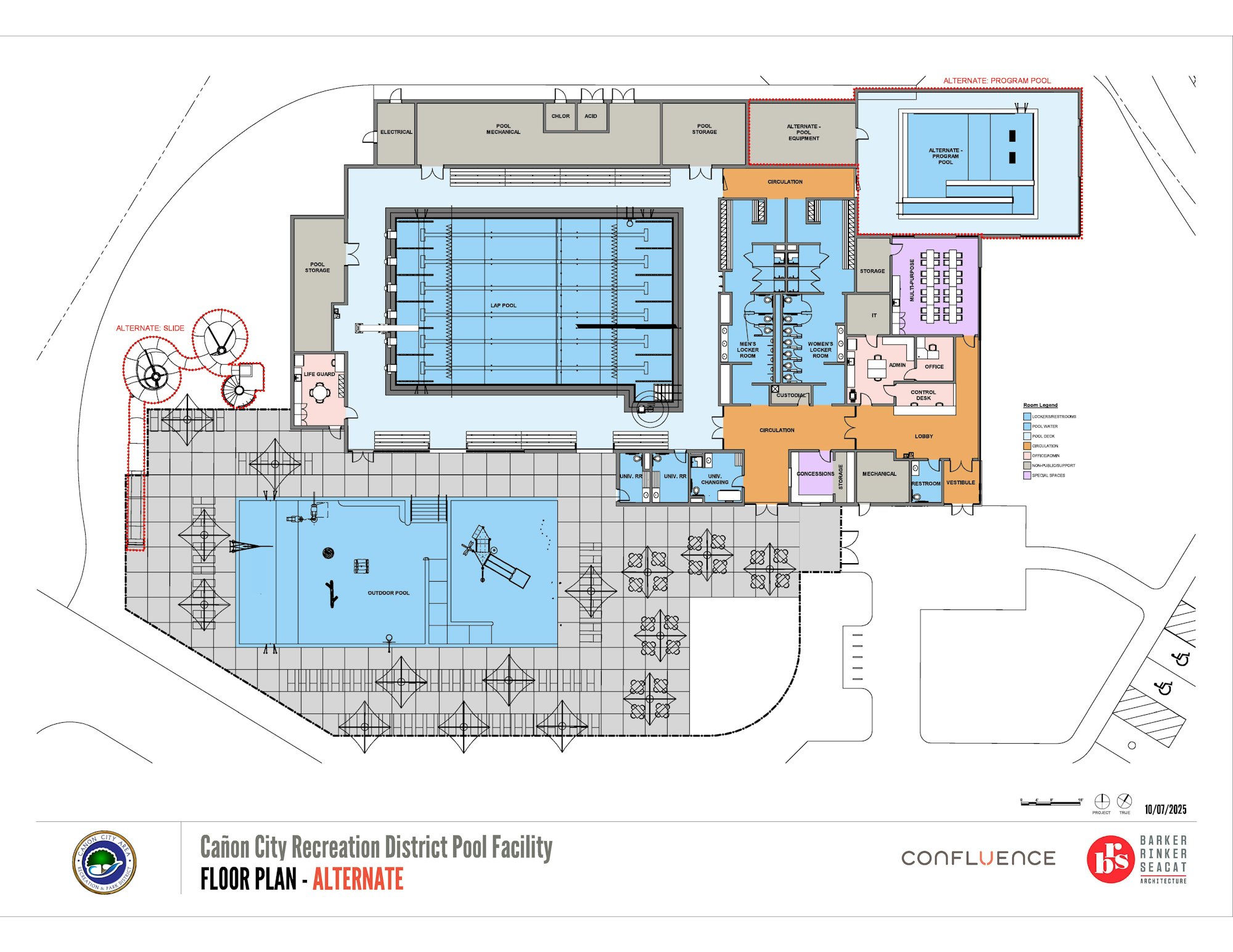 Floor plan of a pool facility with indoor/outdoor areas, slides, mechanical rooms, and various amenities.