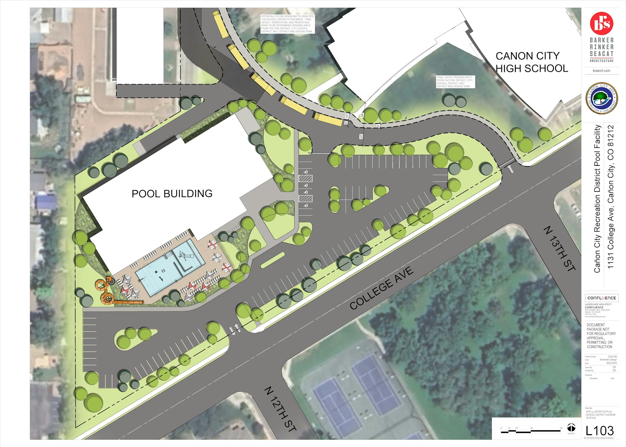 Site plan for a pool facility next to Canon City High School. Includes parking, pool building, and landscaping details.
