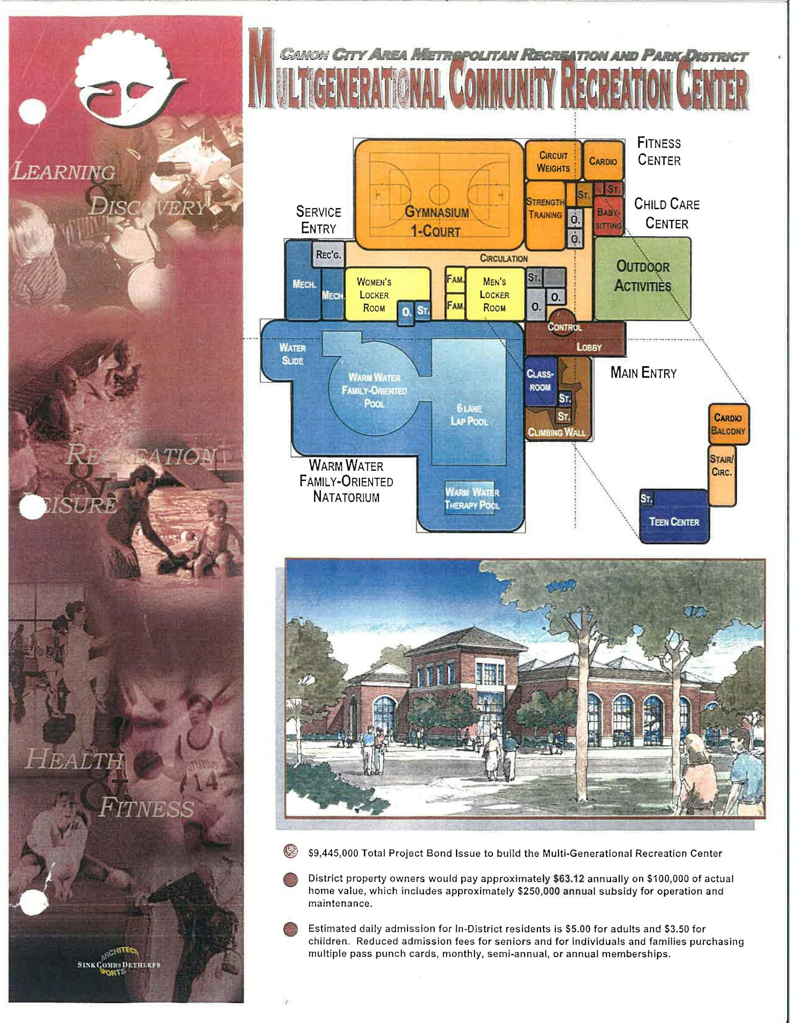 The image outlines a plan for a multigenerational community recreation center, detailing areas like a gym, pools, and fitness facilities.