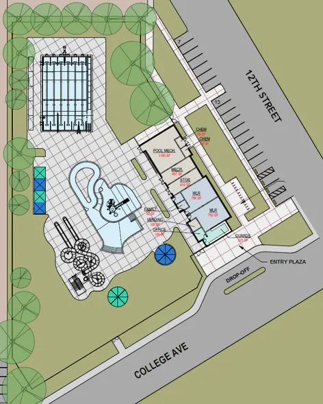 The image is a site plan showing a pool area, entry plaza, restrooms, parking, and landscaping near 12th Street and College Avenue.