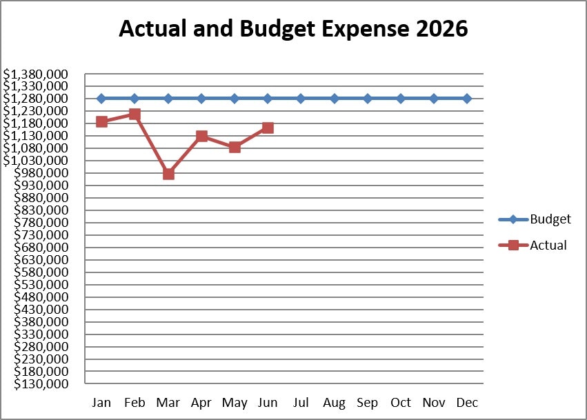Graph comparing actual and budget expenses for 2026, showing significant deviations in several months. Budget is consistent; actual varies.