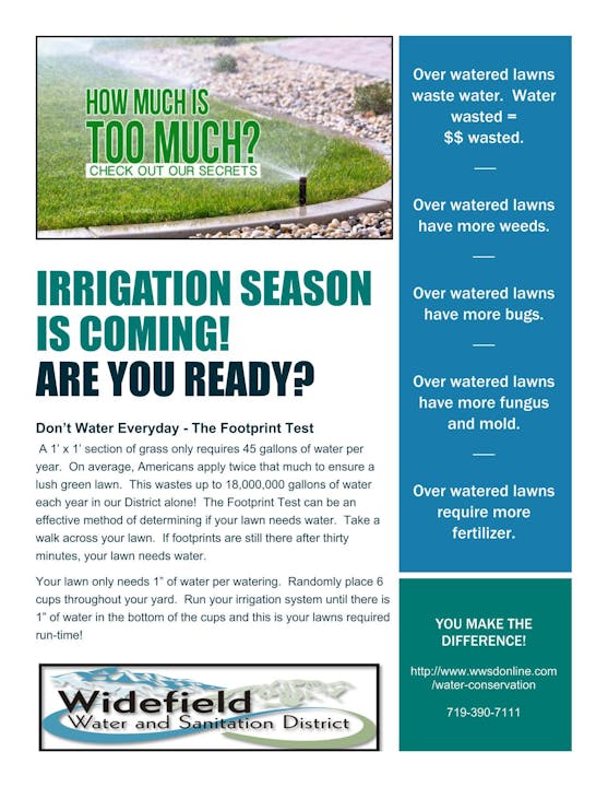 Flyer about lawn irrigation: warns against overwatering, suggests the footprint test, and offers tips for efficient watering.