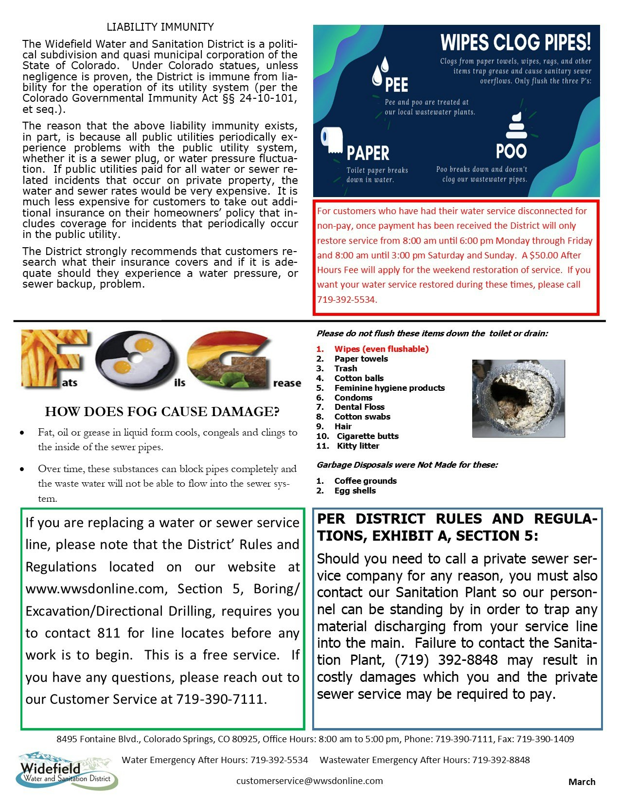 The image outlines liability immunity for water services, items not to flush, and contact information for emergencies in Colorado.