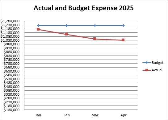 A line chart of 2025 expenses shows budget is steady, actual expenses decrease from January to April.