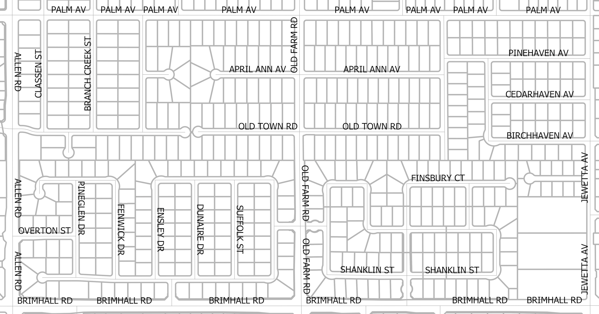 The image is a map showing a grid of streets with names like Old Farm Rd, Palm Ave, and others in a residential area.