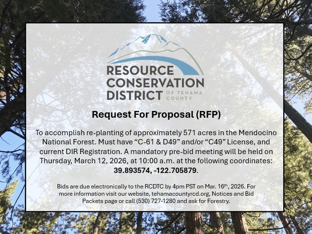 RFP for re-planting 571 acres in Mendocino National Forest. Pre-bid meeting on March 12, 2026. Bids due March 16, 2026.