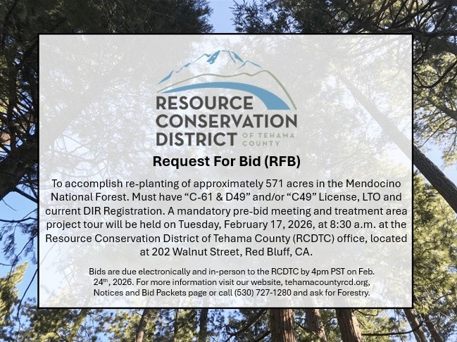 Request for bids to replant 571 acres in Mendocino National Forest. Pre-bid meeting on Feb 17, 2026. Bids due by Feb 24.