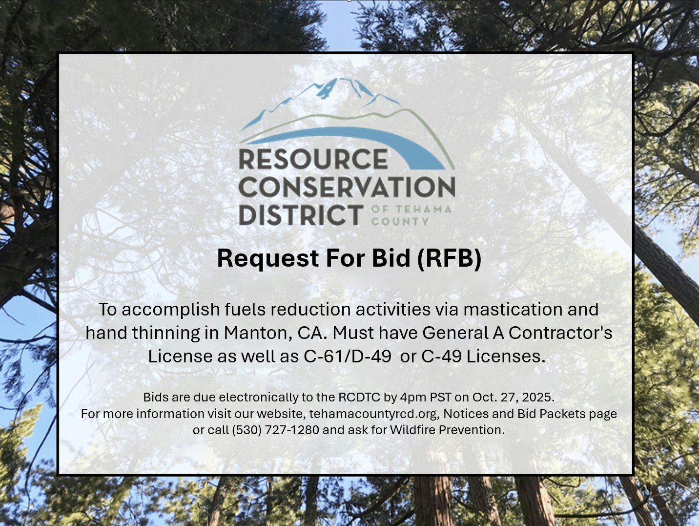 Request for Bid for fuels reduction in Manton, CA. Requires specific licenses. Bids due by Oct 27, 2025.