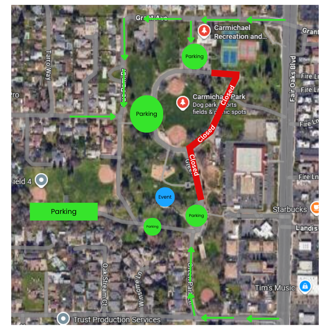 Map of Carmichael Park area showing parking spots, road closures, and an event location, with directional arrows.