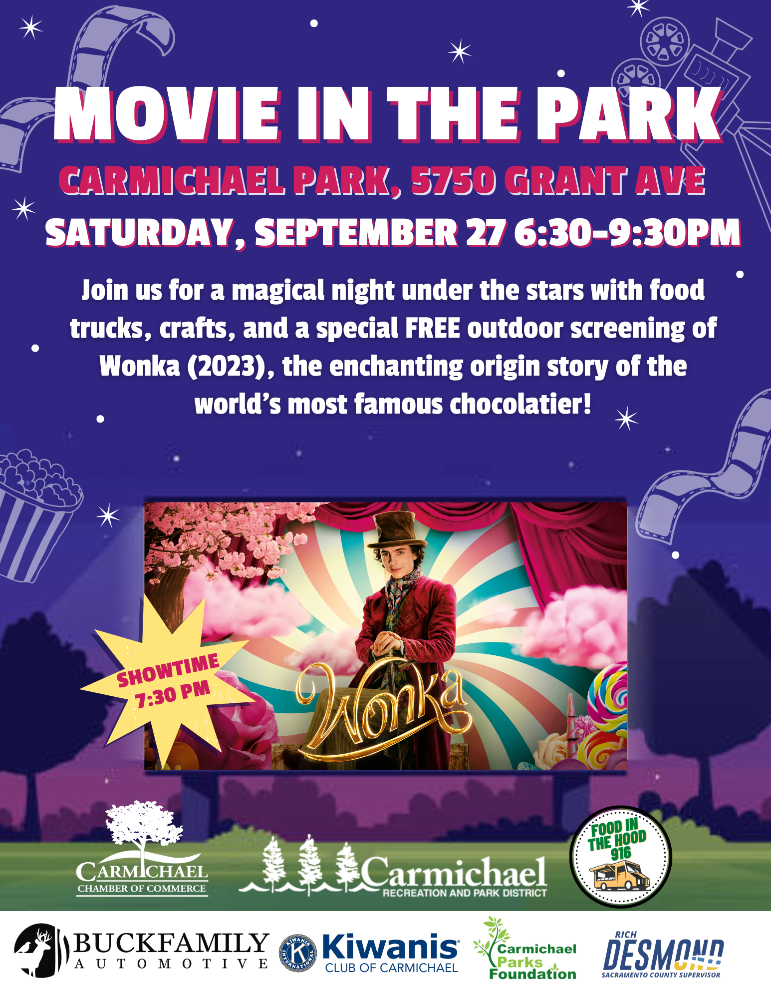 Outdoor movie night featuring "Wonka" at Carmichael Park, Saturday, September 27, 6:30-9:30 PM. Free entry, food trucks, crafts.