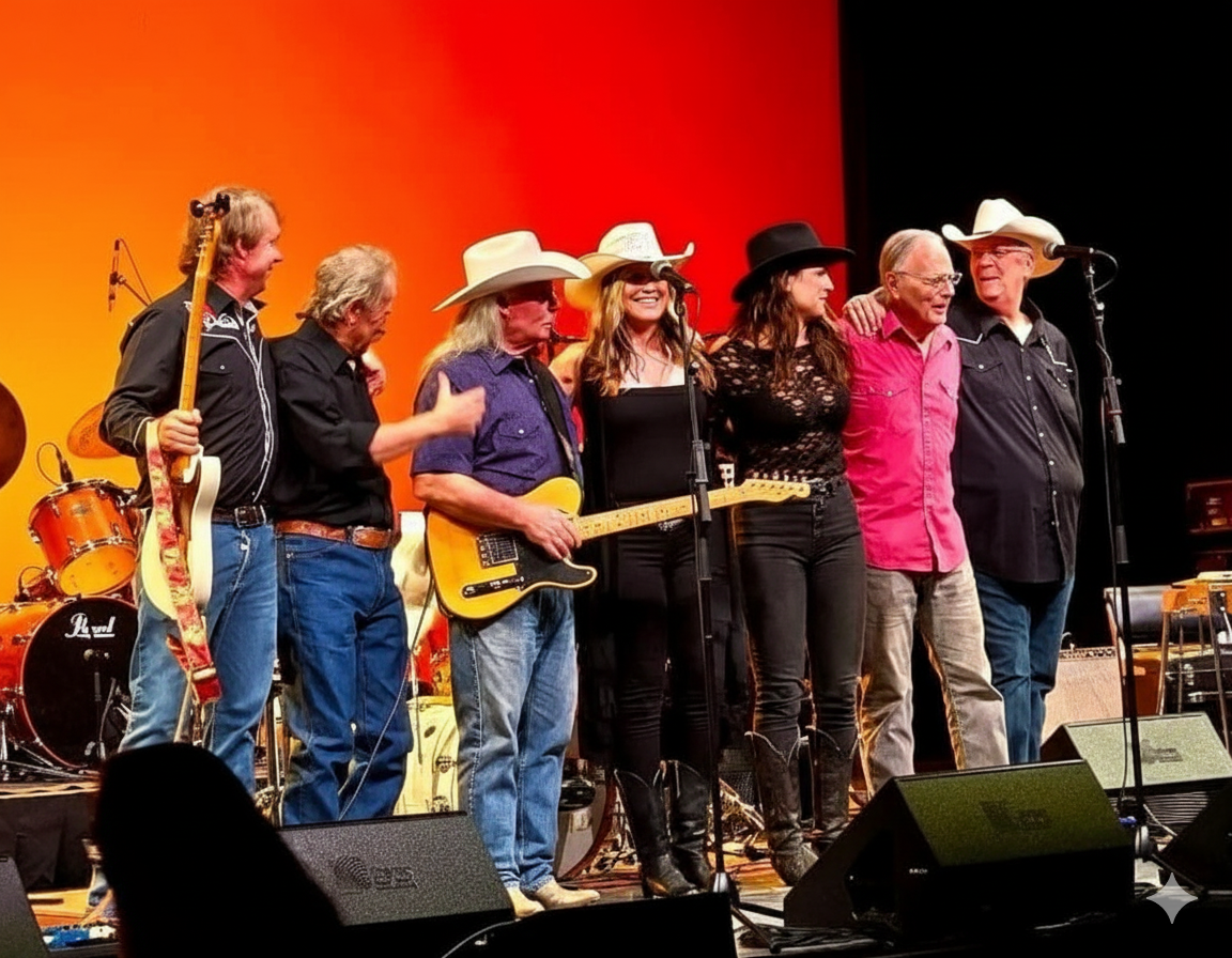A group of musicians dressed in western attire poses on stage, with instruments and a vibrant backdrop.