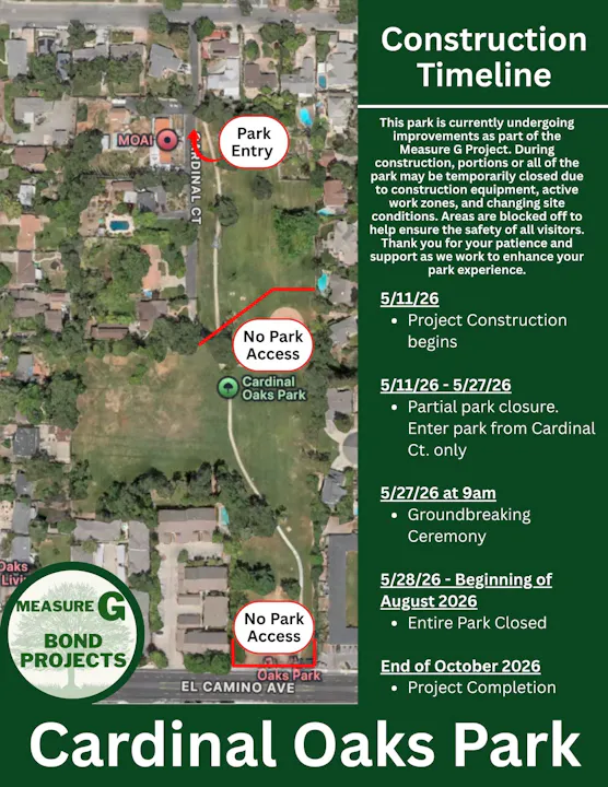 Cardinal Oaks Park is undergoing construction from May 2026 to October 2026; access will be restricted during this time.