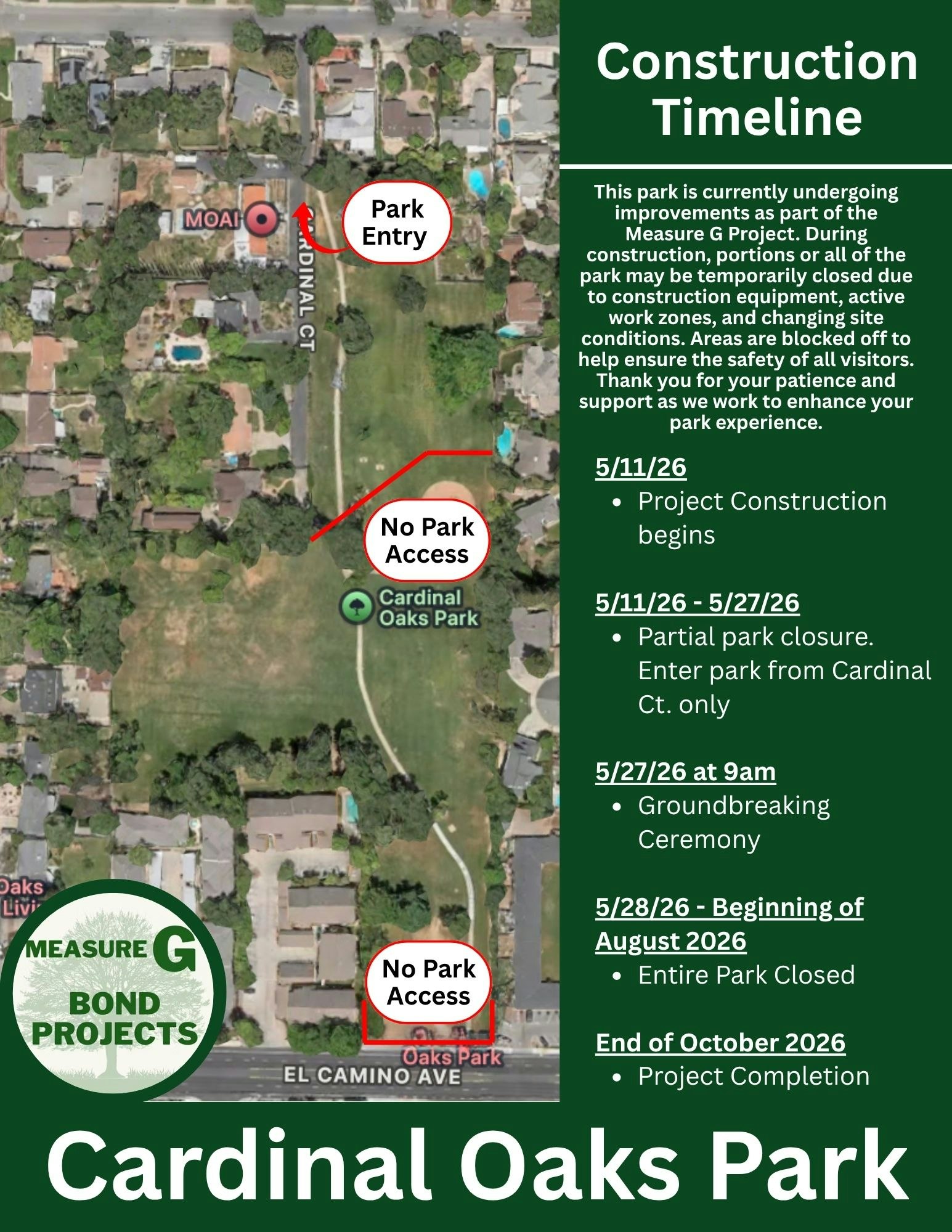 Cardinal Oaks Park is undergoing construction from May 2026 to October 2026; access will be restricted during this time.