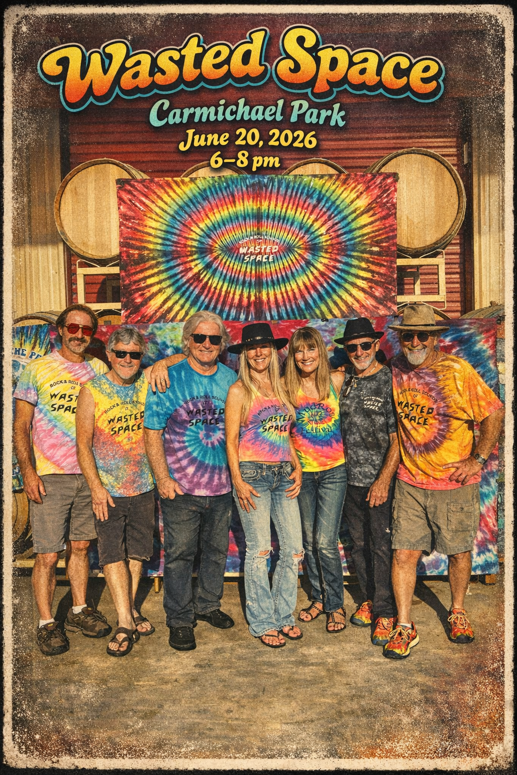 A group of people wearing tie-dye shirts posing in front of a colorful backdrop for the "Wasted Space" event at Carmichael Park.