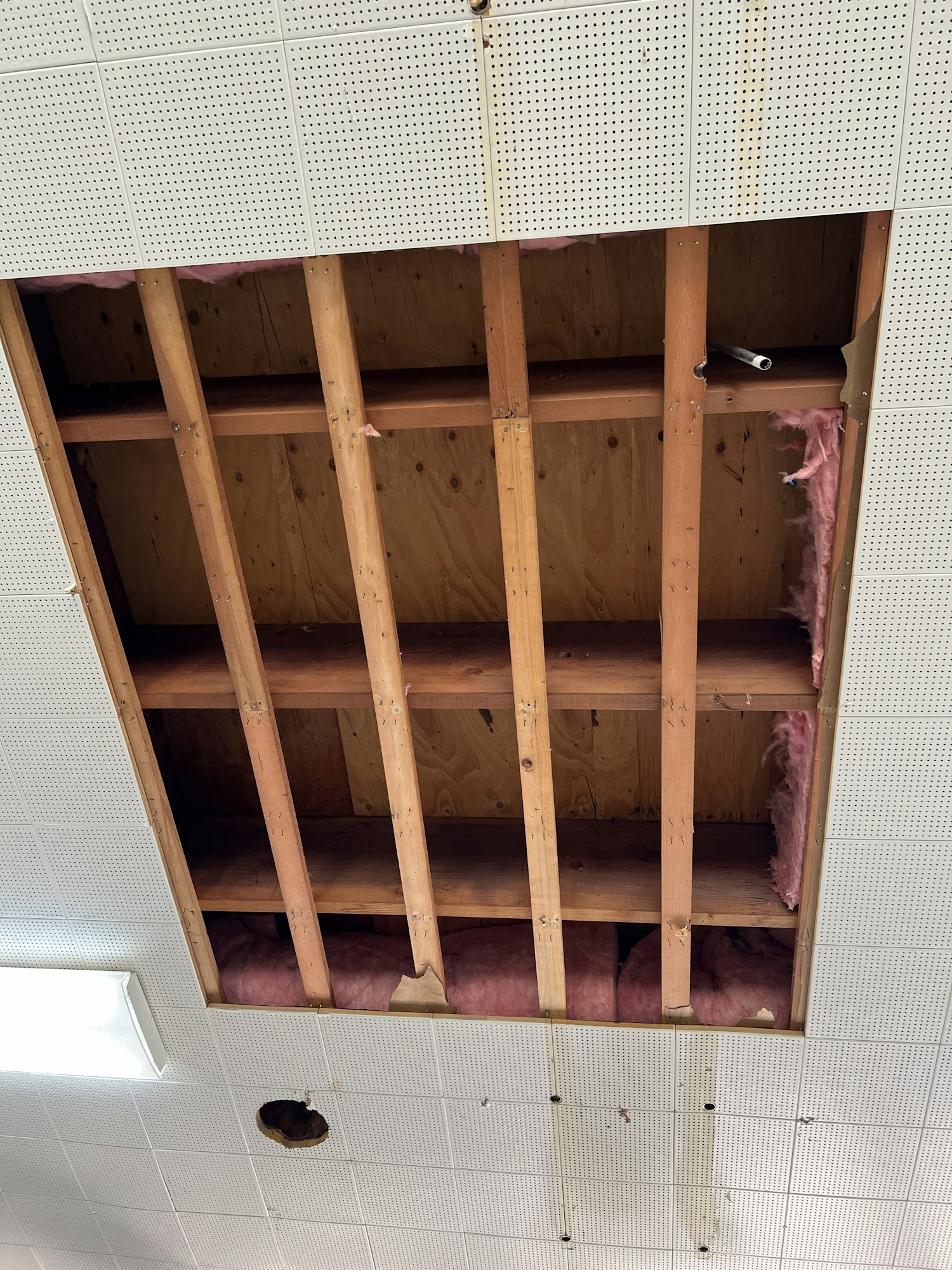 A ceiling with panels removed, exposing wooden beams and insulation.