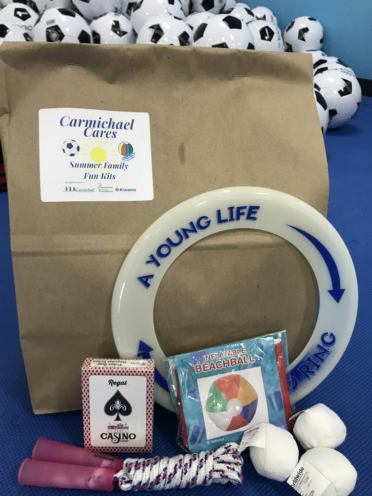soccer balls, frisbee, hacky sacs, cards, jump ropes, bag