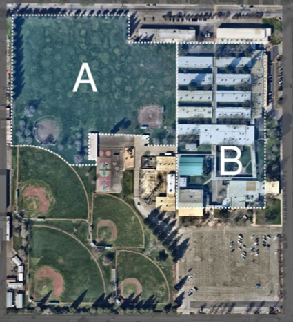 Aerial view of a sports field with baseball diamonds and adjacent buildings labeled "A" and "B".