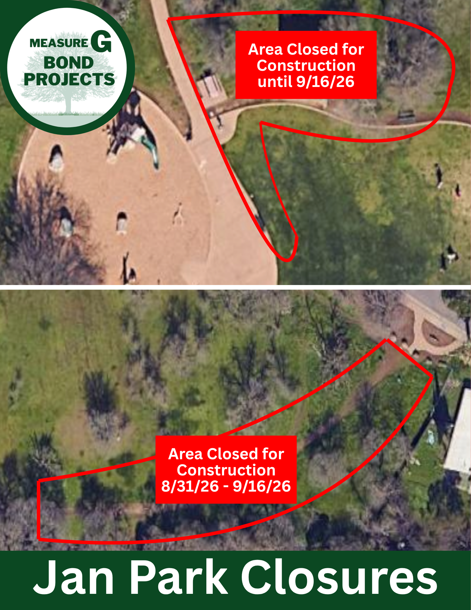The image shows Jan Park construction closures with areas marked for closure until 9/16/26 and from 8/31/26 to 9/16/26.