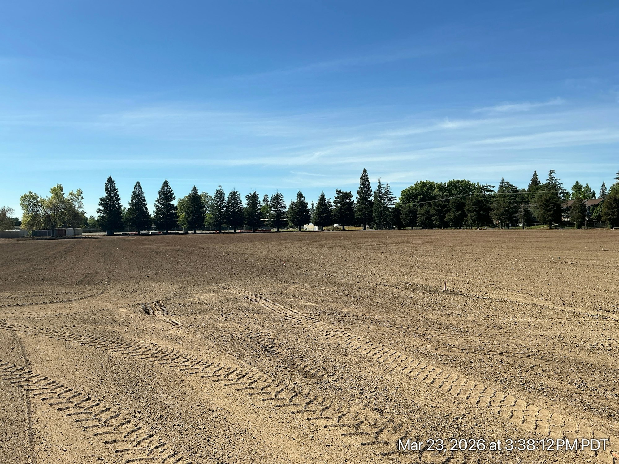 A clear, open field with tractor tire tracks, lined with trees under a blue sky.
