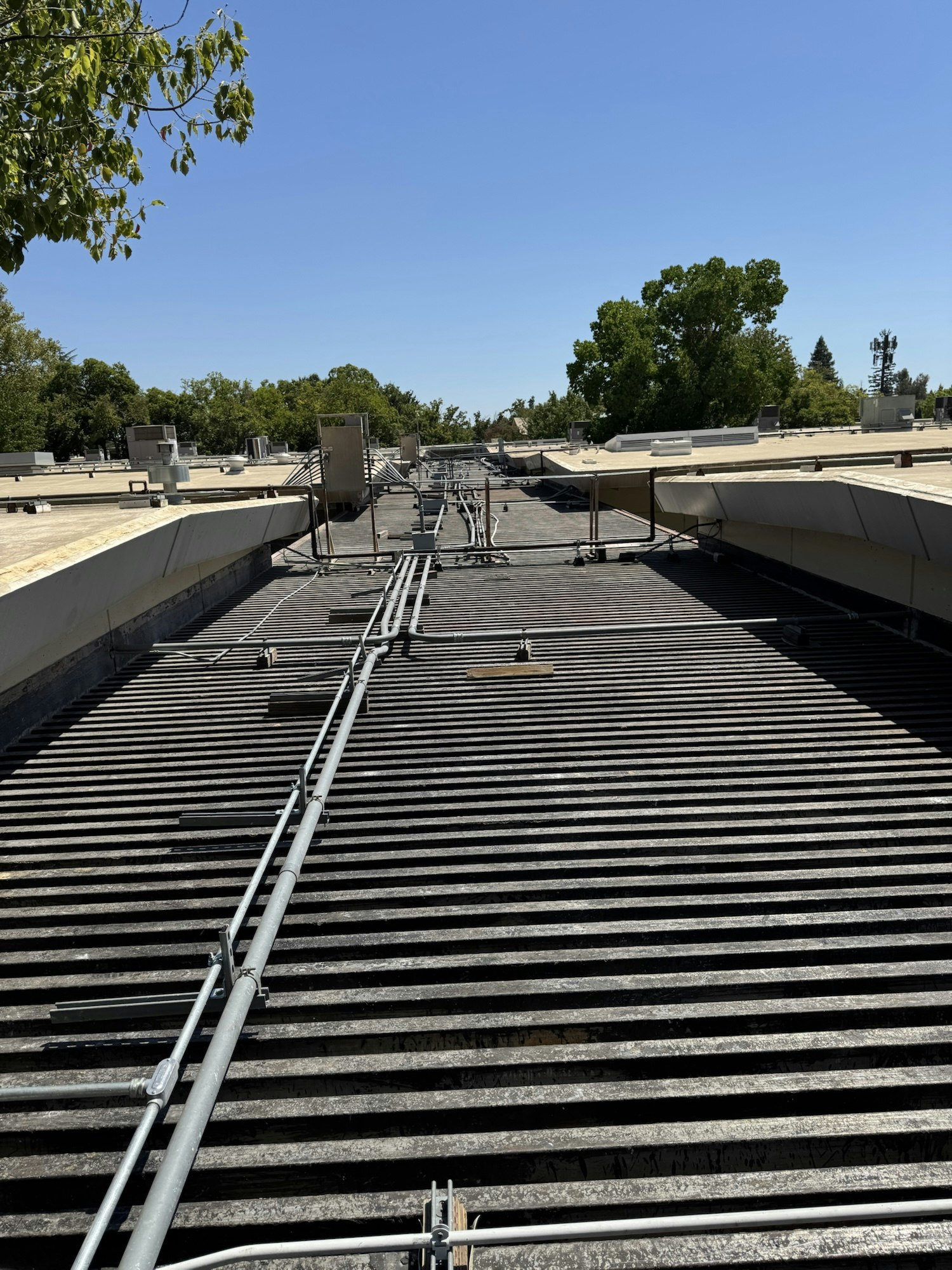 A rooftop with metal grating, visible pipes, clear sky, and surrounding trees.