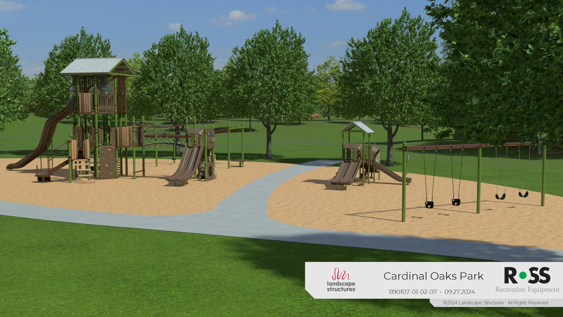 Playground with slides, swings, and climbing structures on sandy ground surrounded by trees.