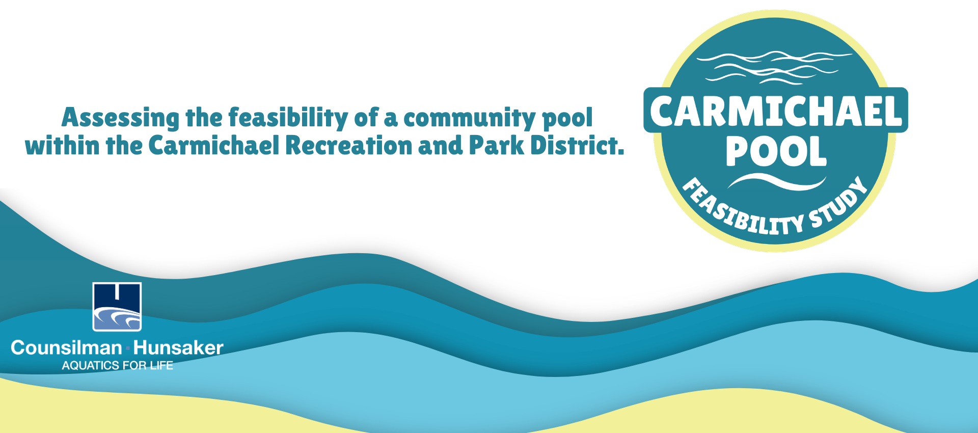 The image promotes a feasibility study for a community pool in the Carmichael Recreation and Park District.