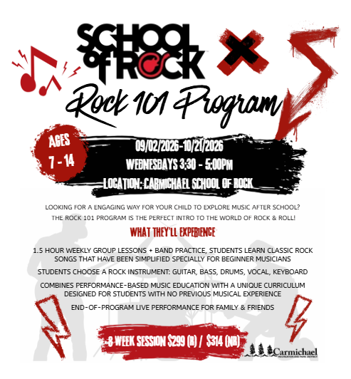 The School of Rock's Rock 101 Program for ages 7-14 runs from 09/02/2025 to 10/21/2026, offering music lessons and performances.