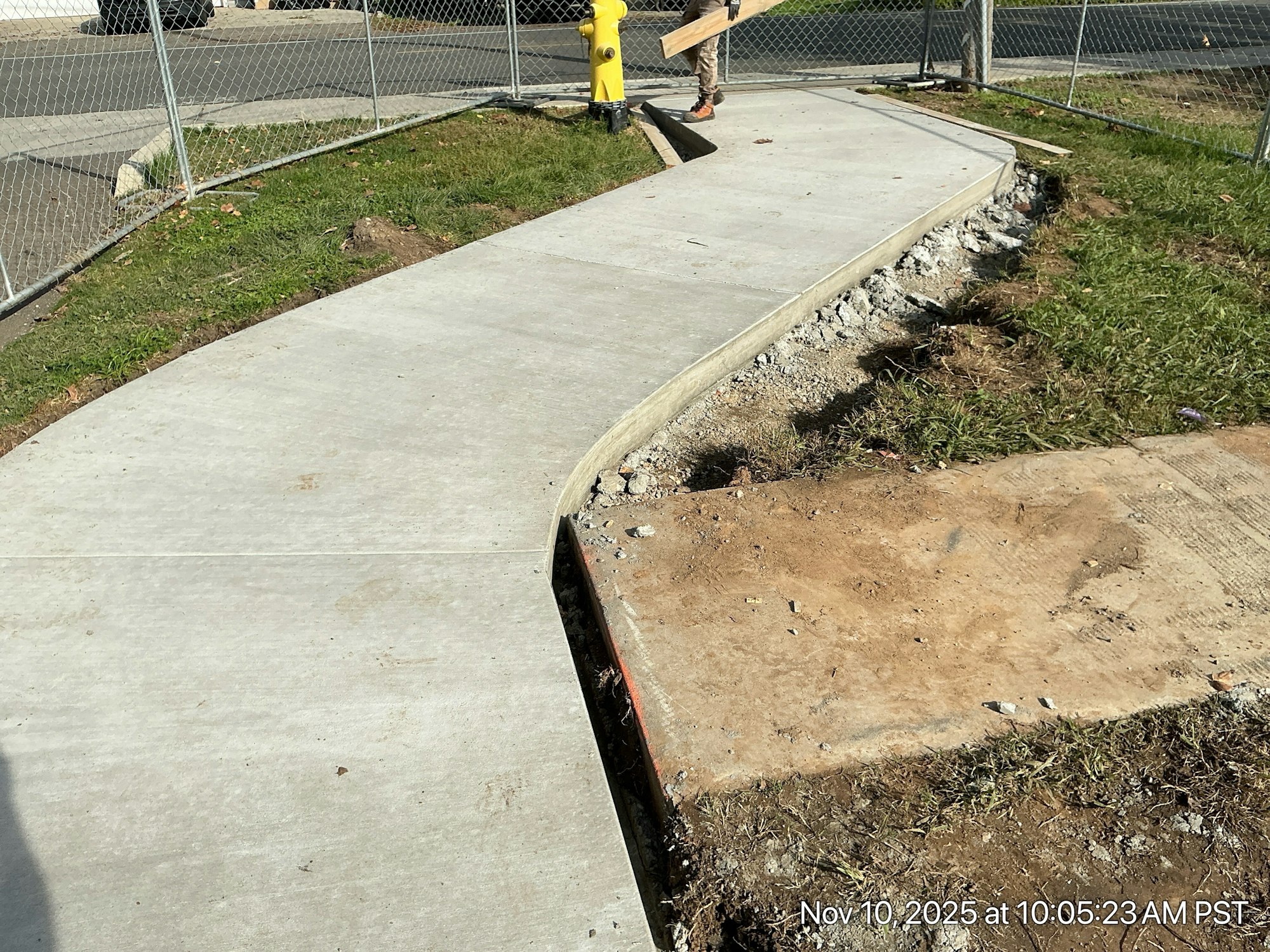 A concrete sidewalk is under construction, curving around a fenced area near a fire hydrant and grass.