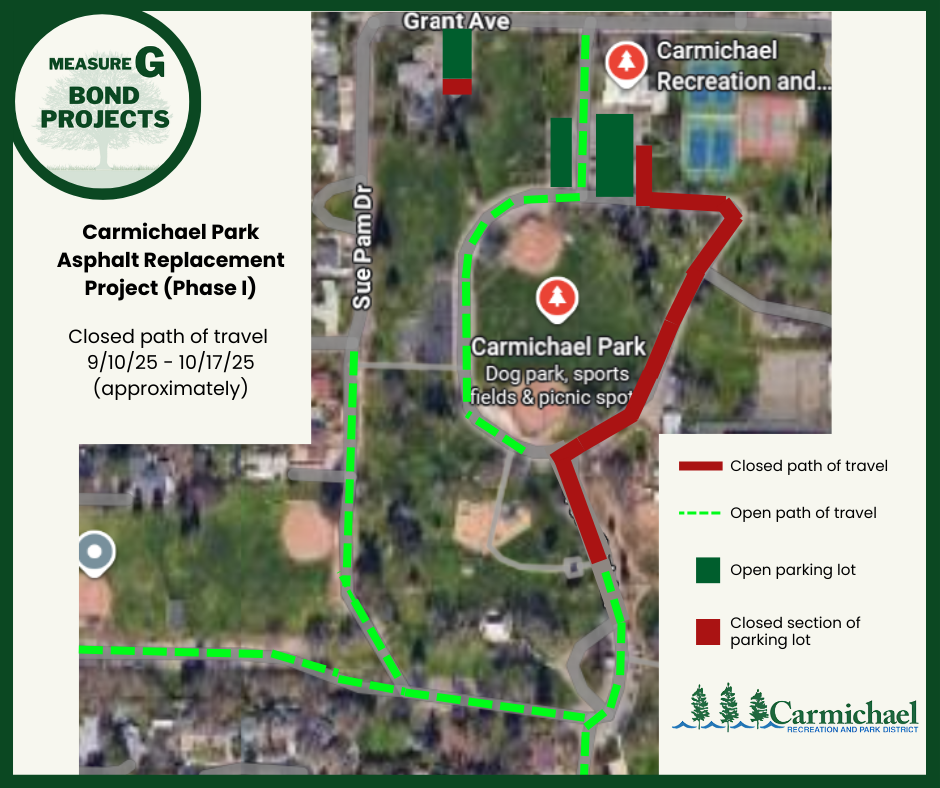 Carmichael Park asphalt project: Red paths closed, green paths open. Parking lots marked. Duration: 9/10/25 - 10/17/25.