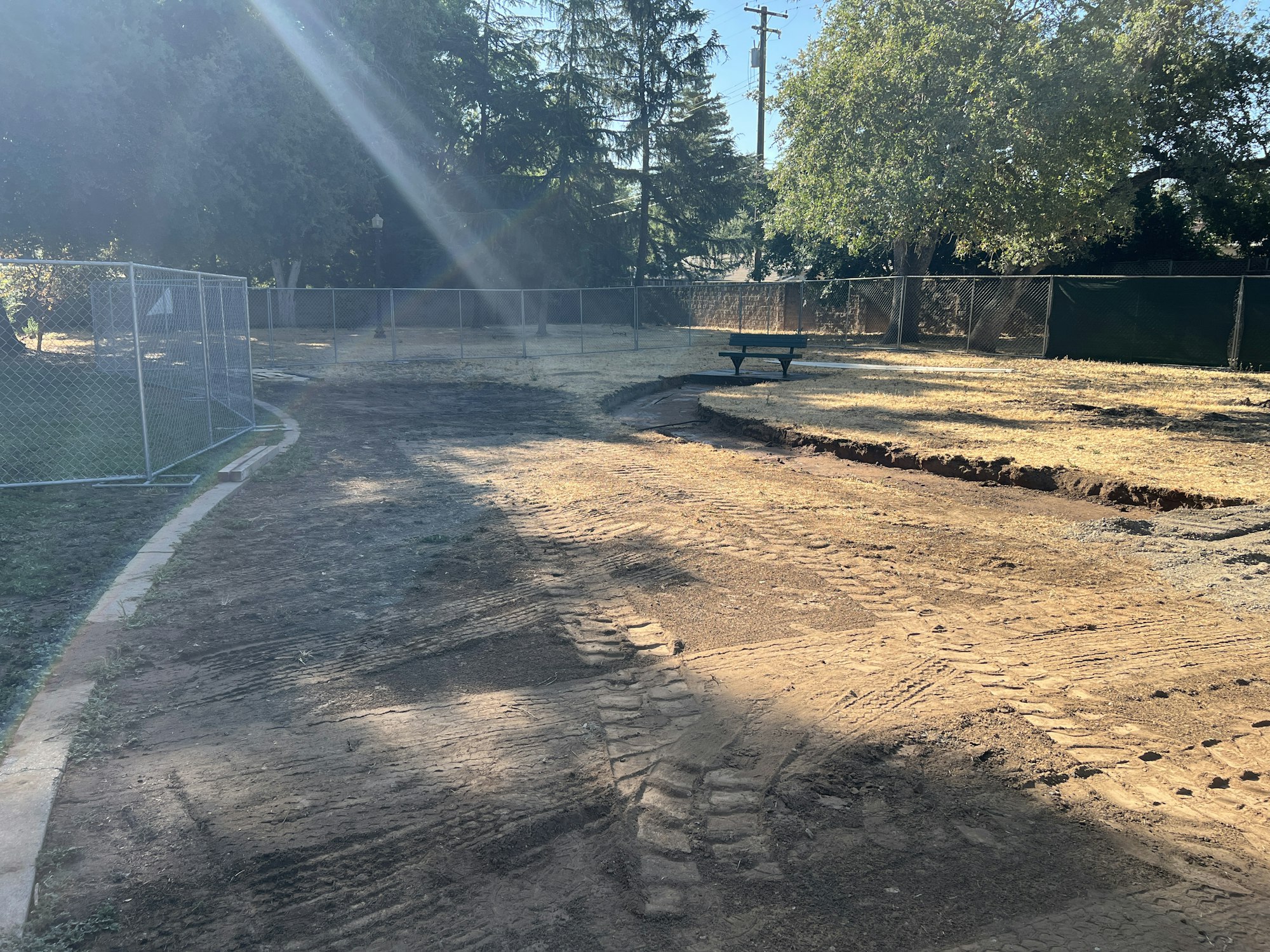 A dirt path with tire tracks, fencing, and a lone bench under trees in sunlight.