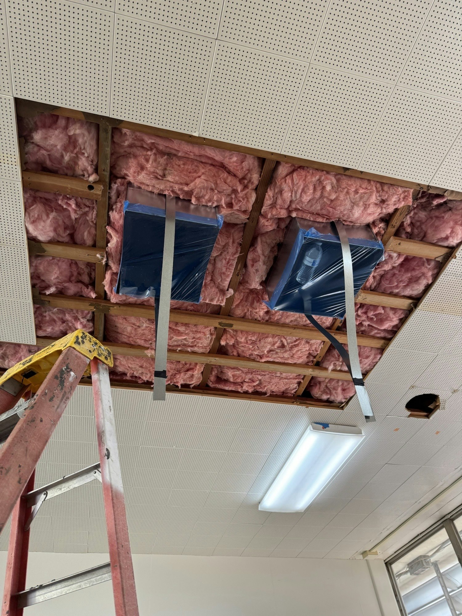 Ceiling with removed tiles showing pink insulation and ductwork, with a red ladder and fluorescent light below.