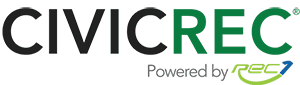 Logo of "CivicRec" with the slogan "Powered by REC" featuring black and green text.