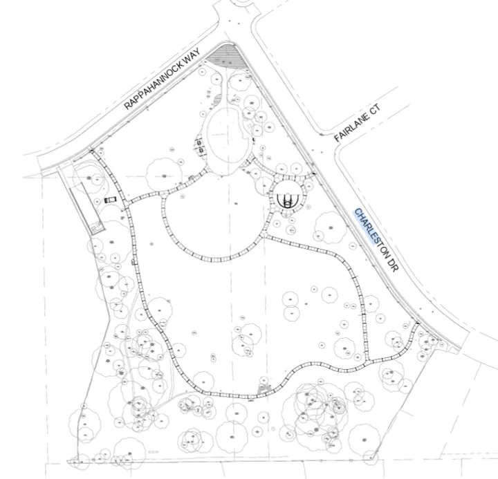 The image appears to be a landscape design or site plan, featuring pathways, trees, and garden areas.