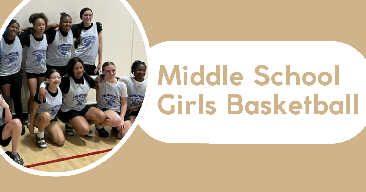 The image features a group of middle school girls posing together for basketball, highlighting teamwork and camaraderie.