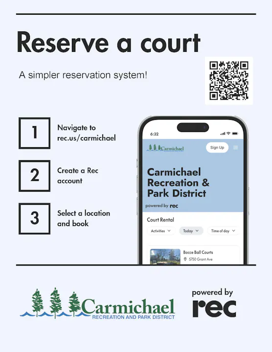 The image outlines steps to reserve a court with Carmichael Recreation and Park District, including creating an account and booking.