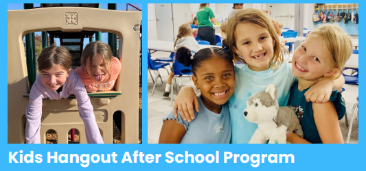 Kids enjoying time together in an after-school program, playing on a playground and posing with a toy inside a classroom.