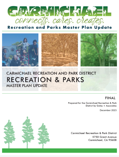 Carmichael Recreation & Parks Master Plan Update cover with images of nature and community activities, dated December 2023.