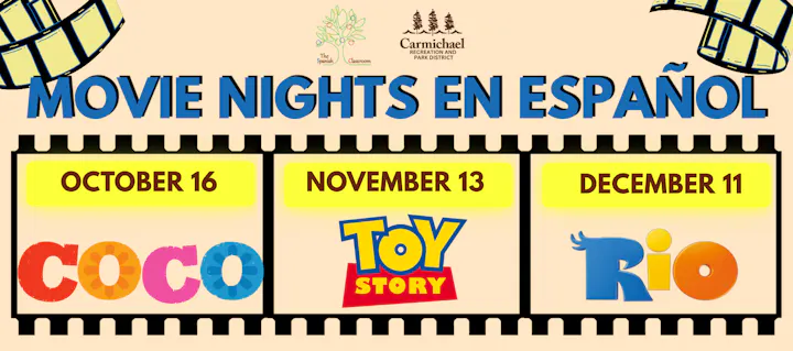 Movie nights in Spanish featuring "Coco" on Oct 16, "Toy Story" on Nov 13, and "Rio" on Dec 11.