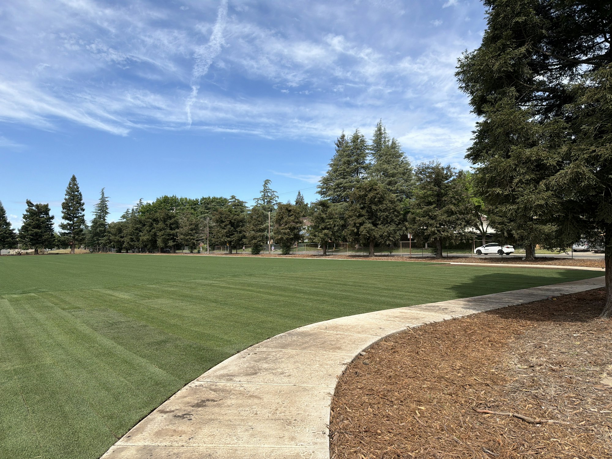 A green lawn with a curved pathway, surrounded by trees and a clear blue sky. A vehicle is parked in the background.