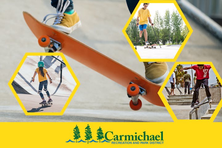 A collage showcasing skateboarders with a logo for Carmichael Recreation and Park District.