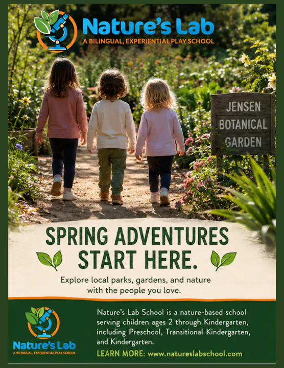 The image promotes Nature's Lab, a bilingual play school for children, encouraging outdoor exploration in nature and local parks.