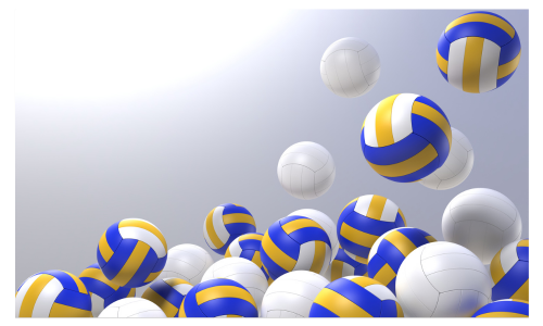 The image features a collection of volleyballs in various colors, primarily blue, yellow, and white, scattered across a gradient background.